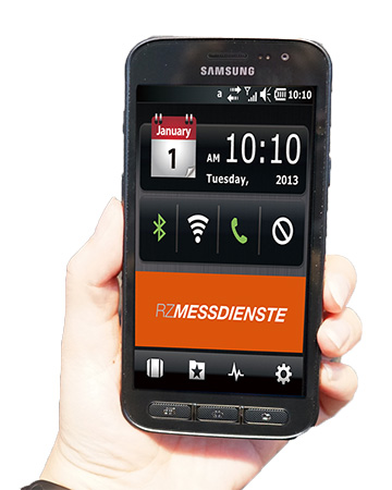 Smartphone mit Kalender, verschiedenen Icons und RZ-Messdienste Logo